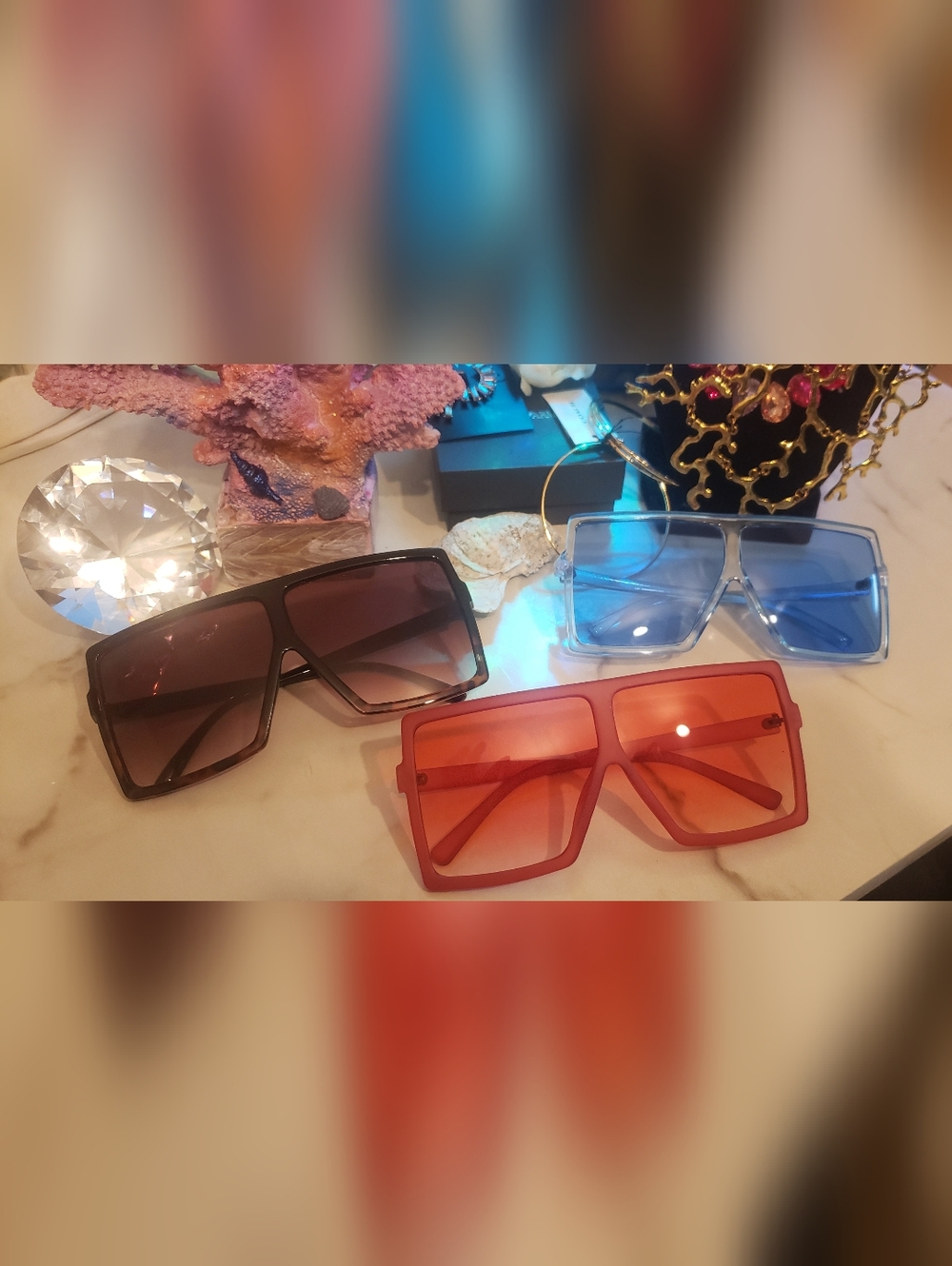 3-Stylish Oversized Square Frame Sunglasses - Red, Blue, Brown